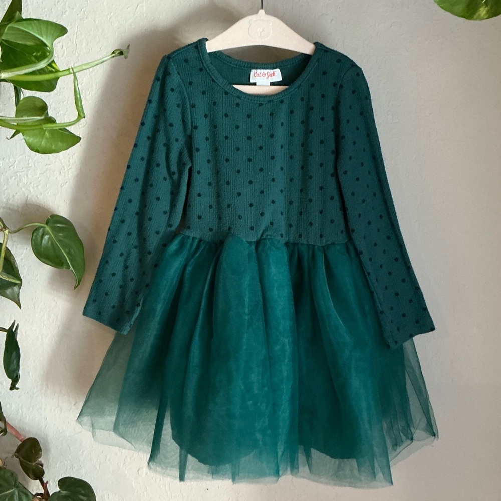 KIDS: Cat & Jack Green Long Sleeve Knit Tulle Dress - Picture 3 of 7